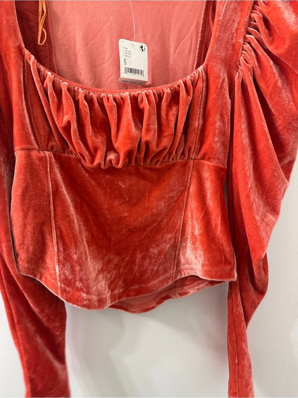 Free People Velvet Puff-Sleeve Square Neck Top in Coral Orange
